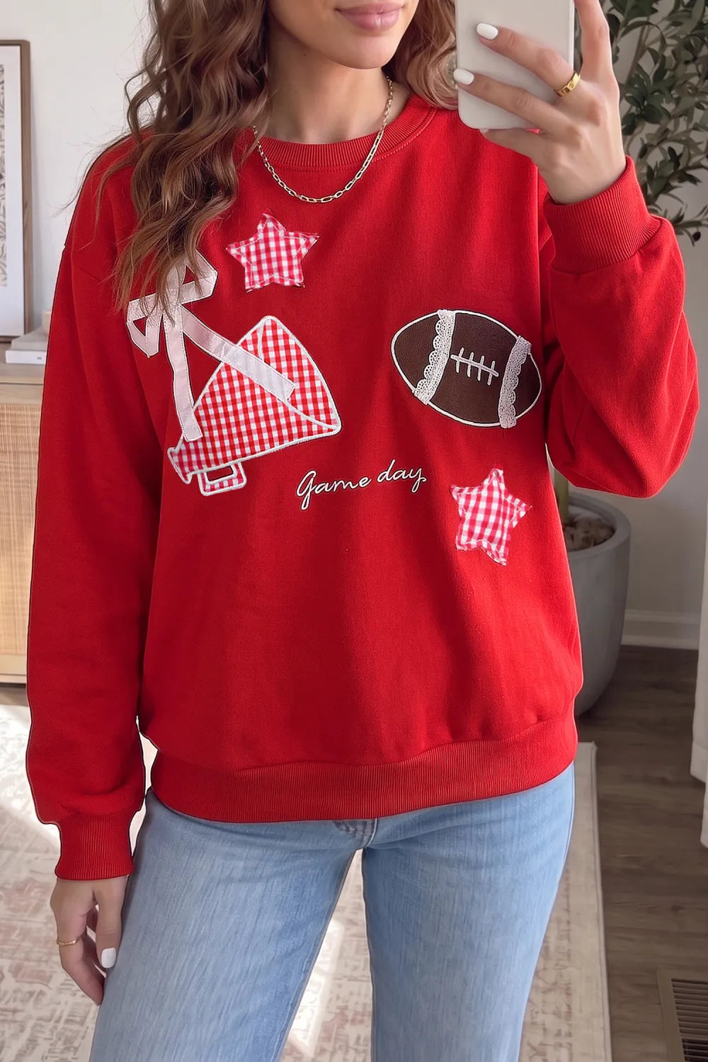 Gingham Patch Embroidered Rugby Game Day Stars Sweatshirt