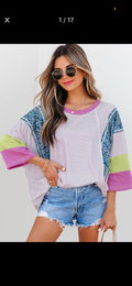 Purple Stripe Floral Color Block Top