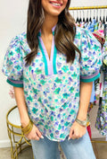 Floral Print Striped Trim Blouse