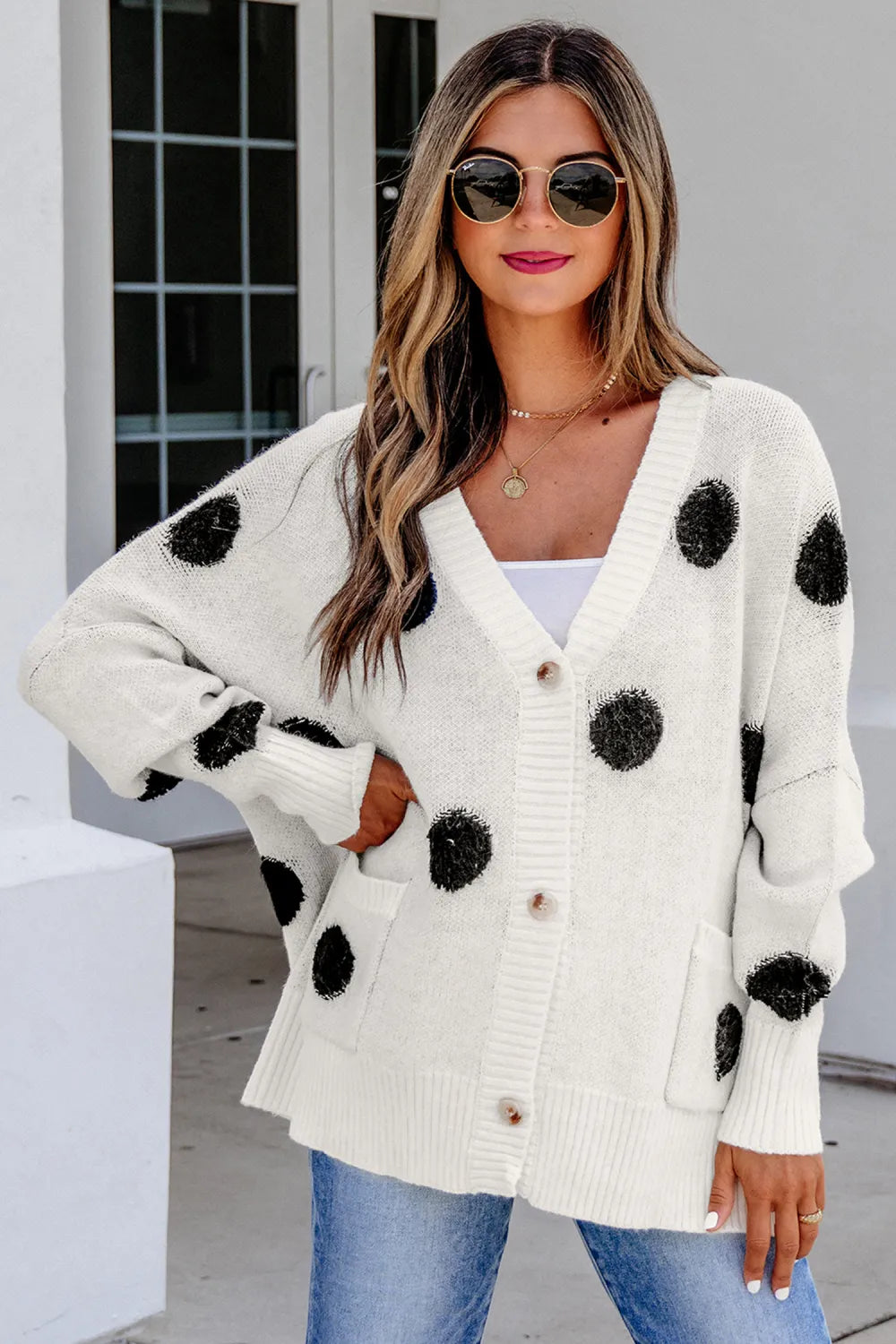 Beige Polka Dot Button Front Oversized V Neck Cardigan