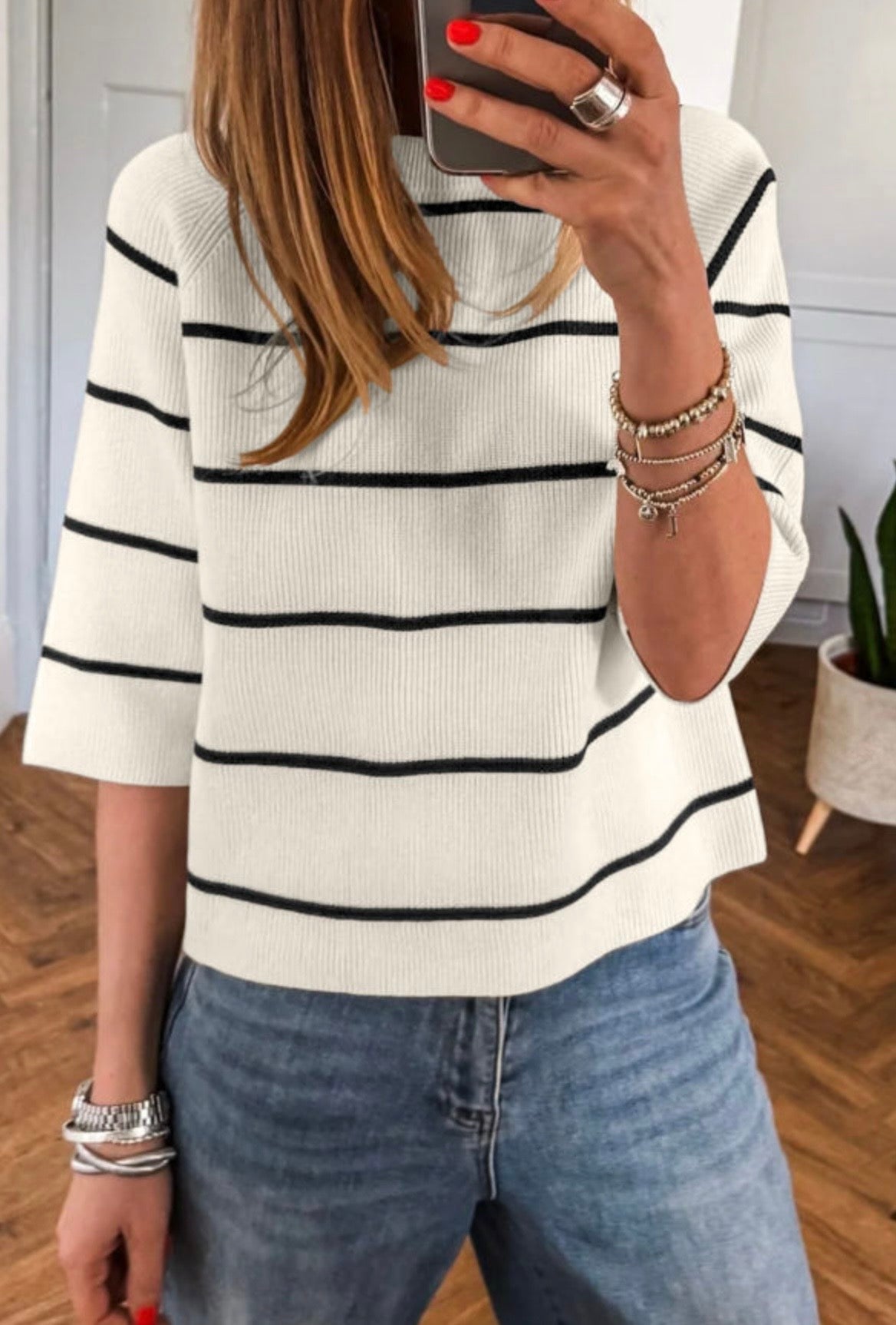 White Stripe Ribbed Knit Half Sleeve Loose Sweater Tee