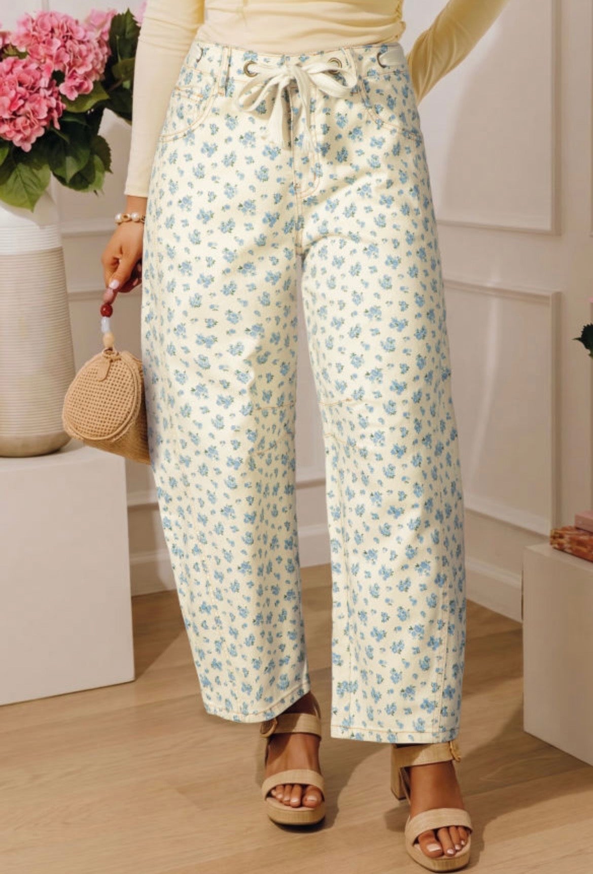 Knot Waist Floral Barrel Leg Jeans