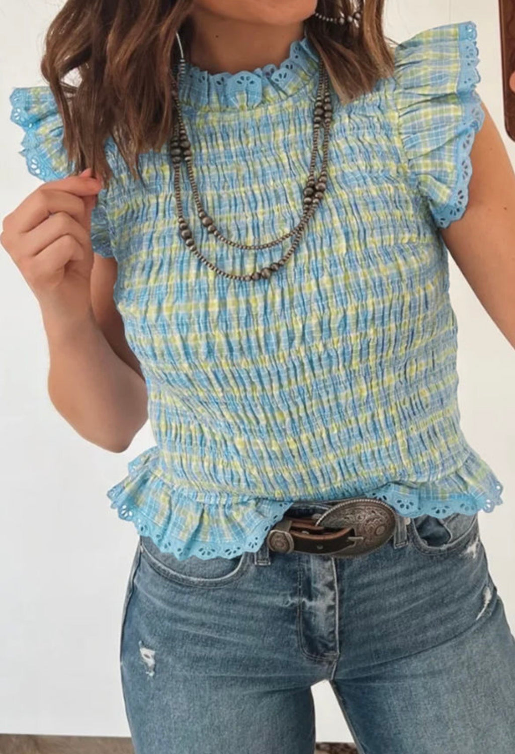 Gingham Smocked Lace Trim Tank Top