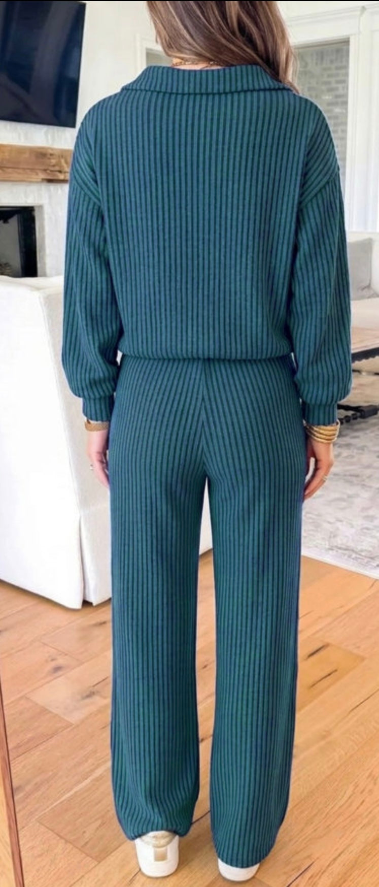 Ribbed Knit Collar V Neck Pullover Drawstring Waist Pants Set