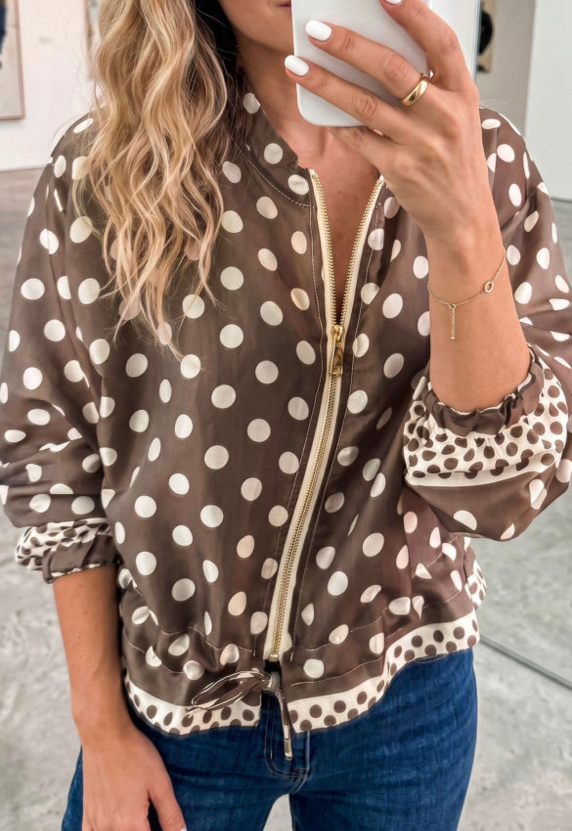 Brown Polka Dot Zip Up Shacket