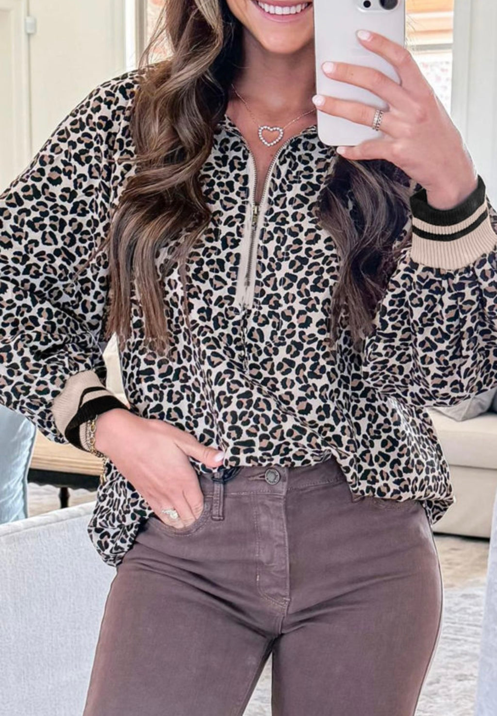 Leopard Print Half Zip Top