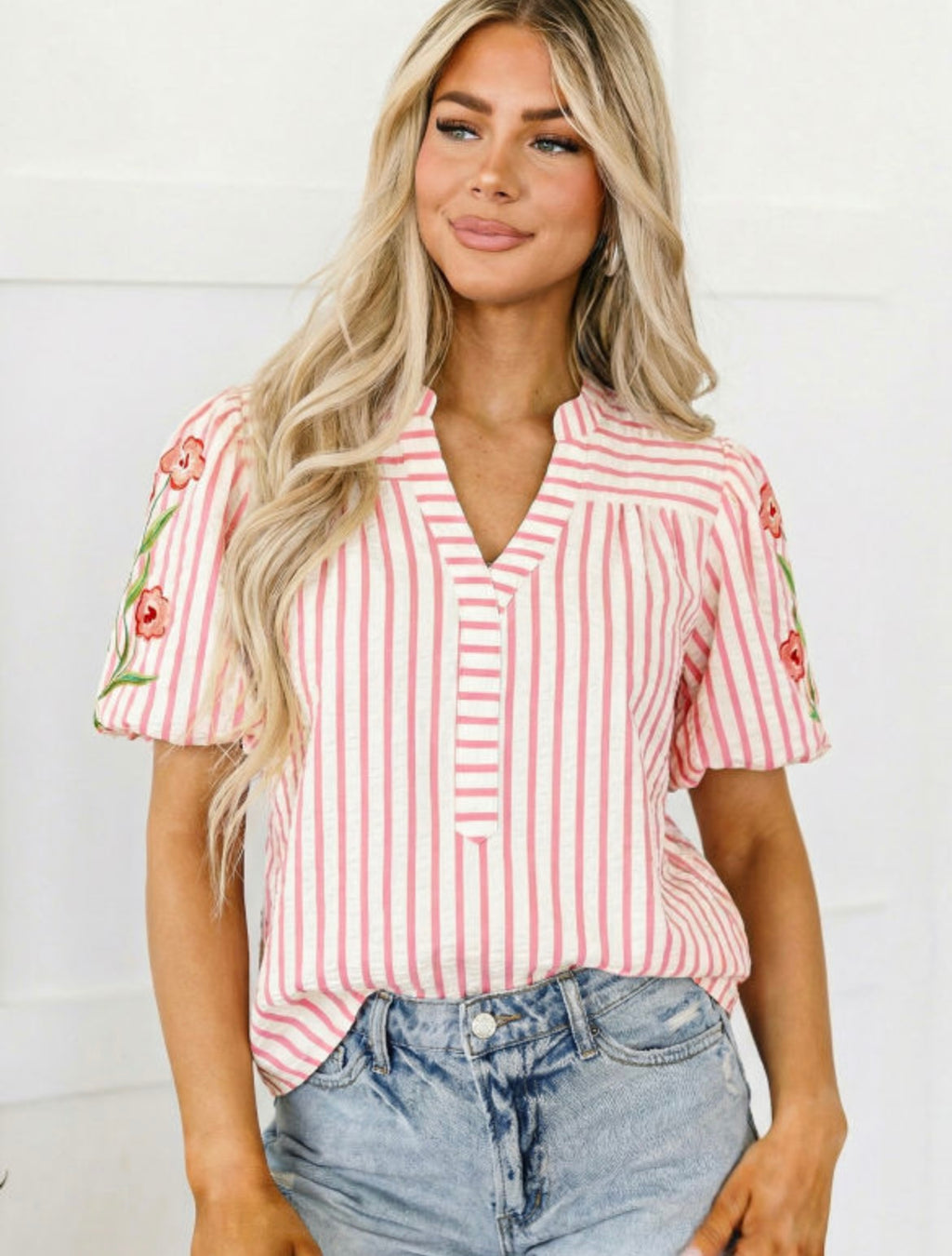 Pink Stripe Embroidered Puff Sleeve Top
