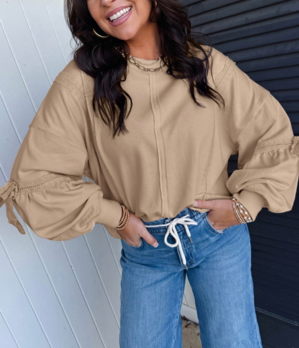Pink Solid Color Raw Seam Lace Detail Loose Casual Sweatshirt