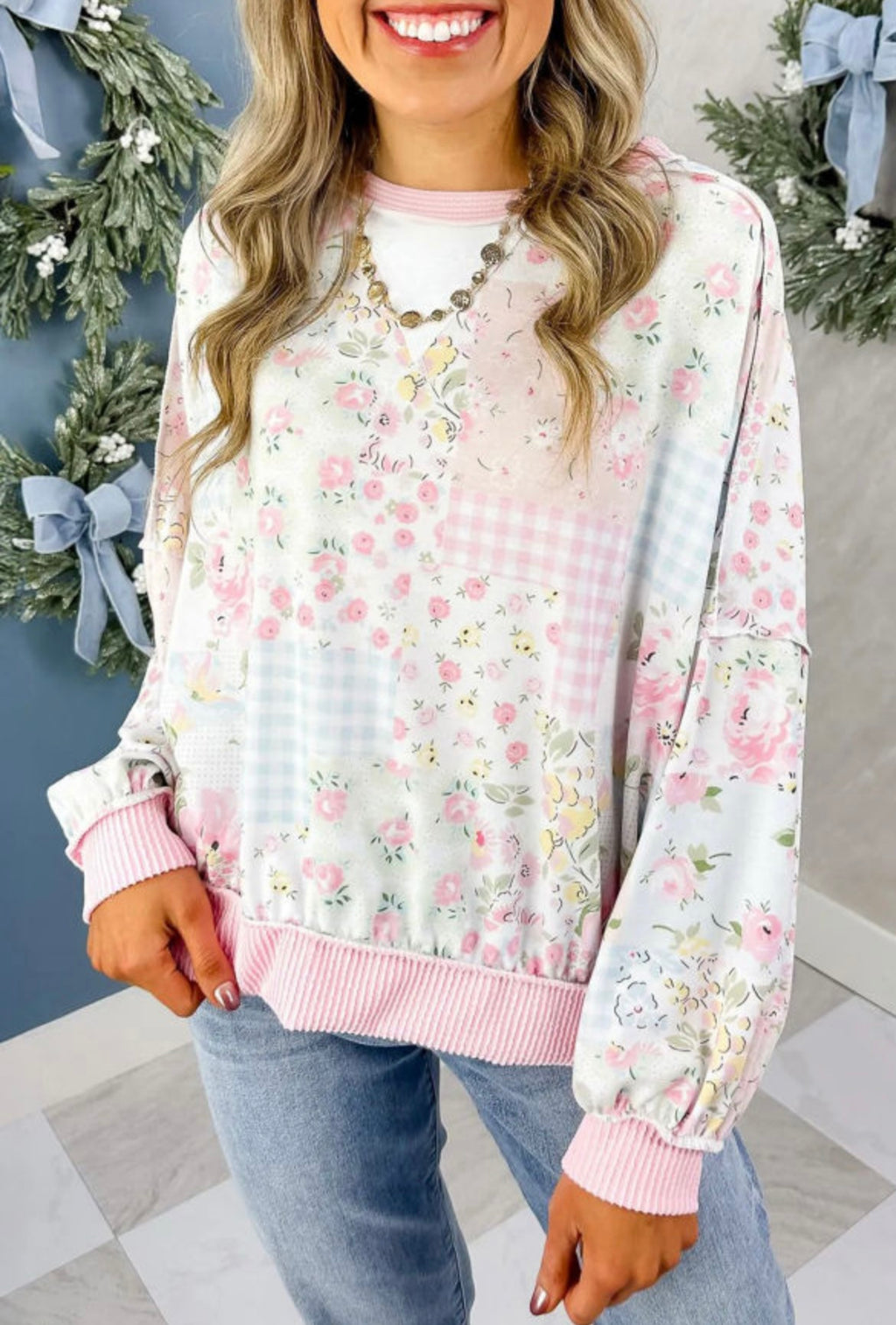 Pink Twisted Ribbed Floral Print Patchwork Long Sleeve Top