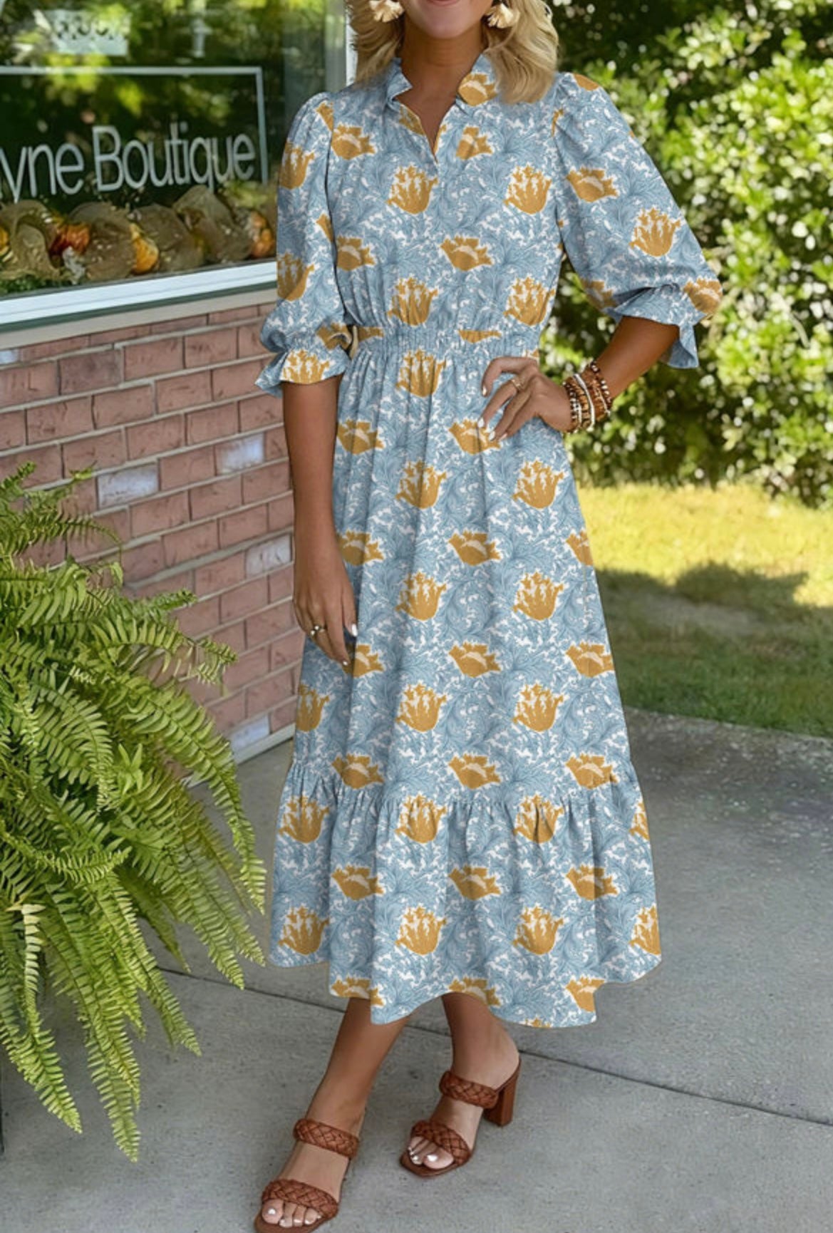 Floral Printed Frilled V Neck Dress