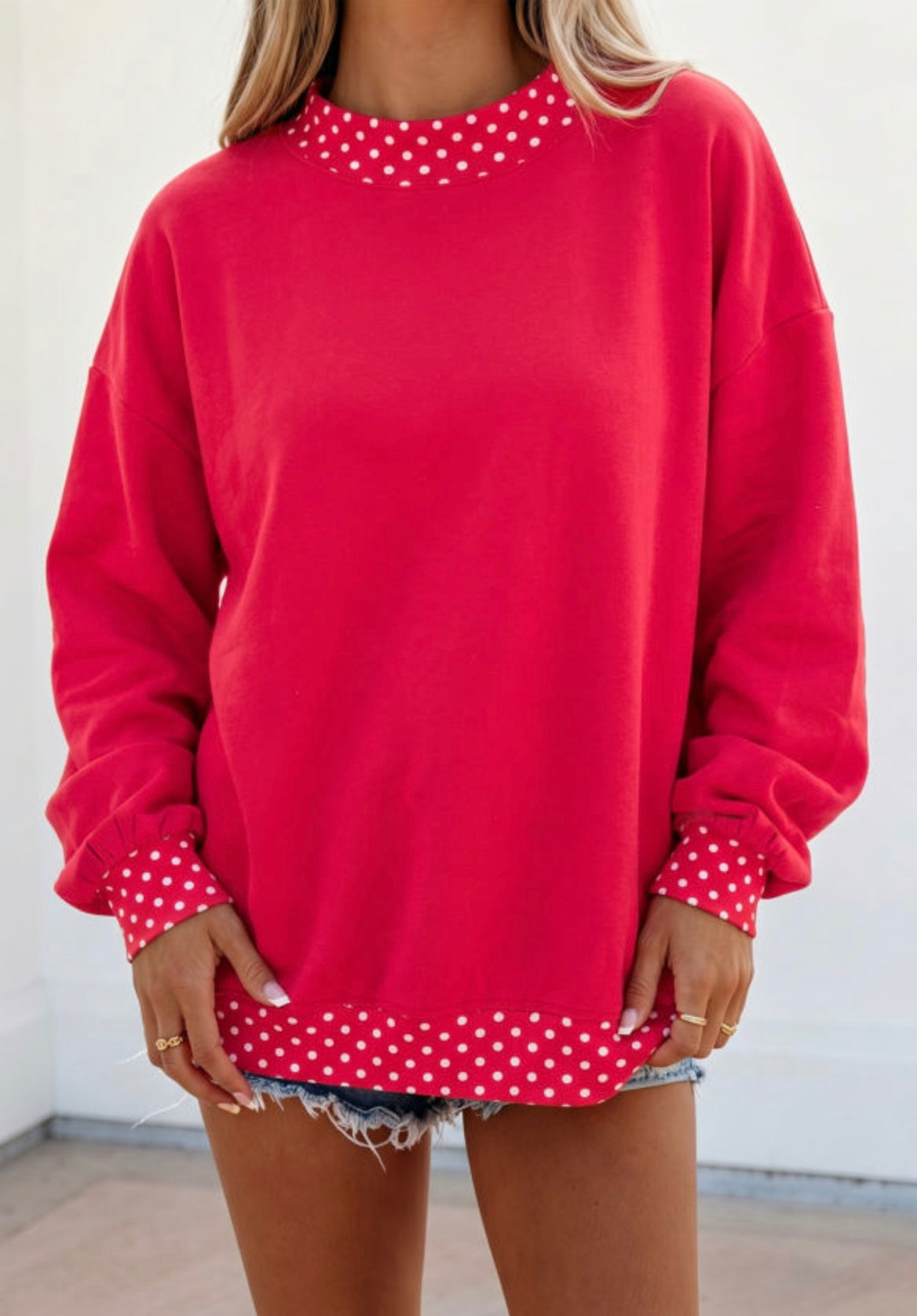 Colorblock Polka Dot Trimmed Oversized Sweatshirt