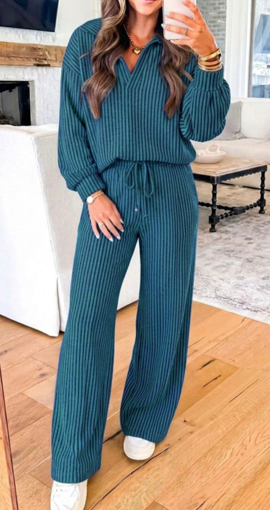 Ribbed Knit Collar V Neck Pullover Drawstring Waist Pants Set