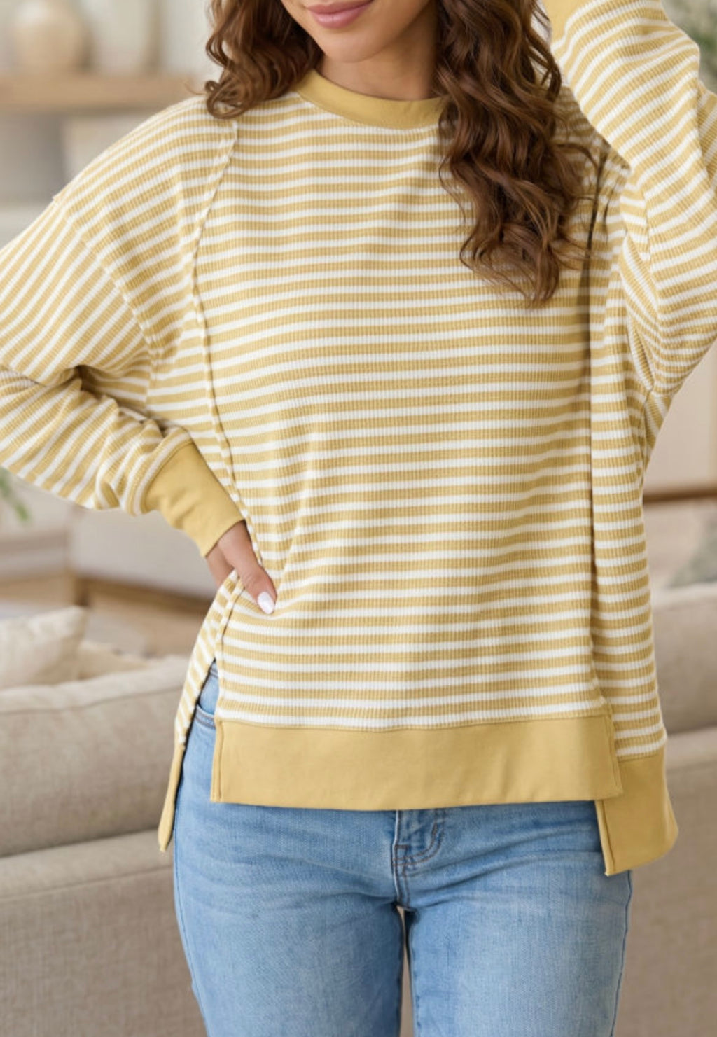 Khaki Stripe Texture Long Sleeve Top