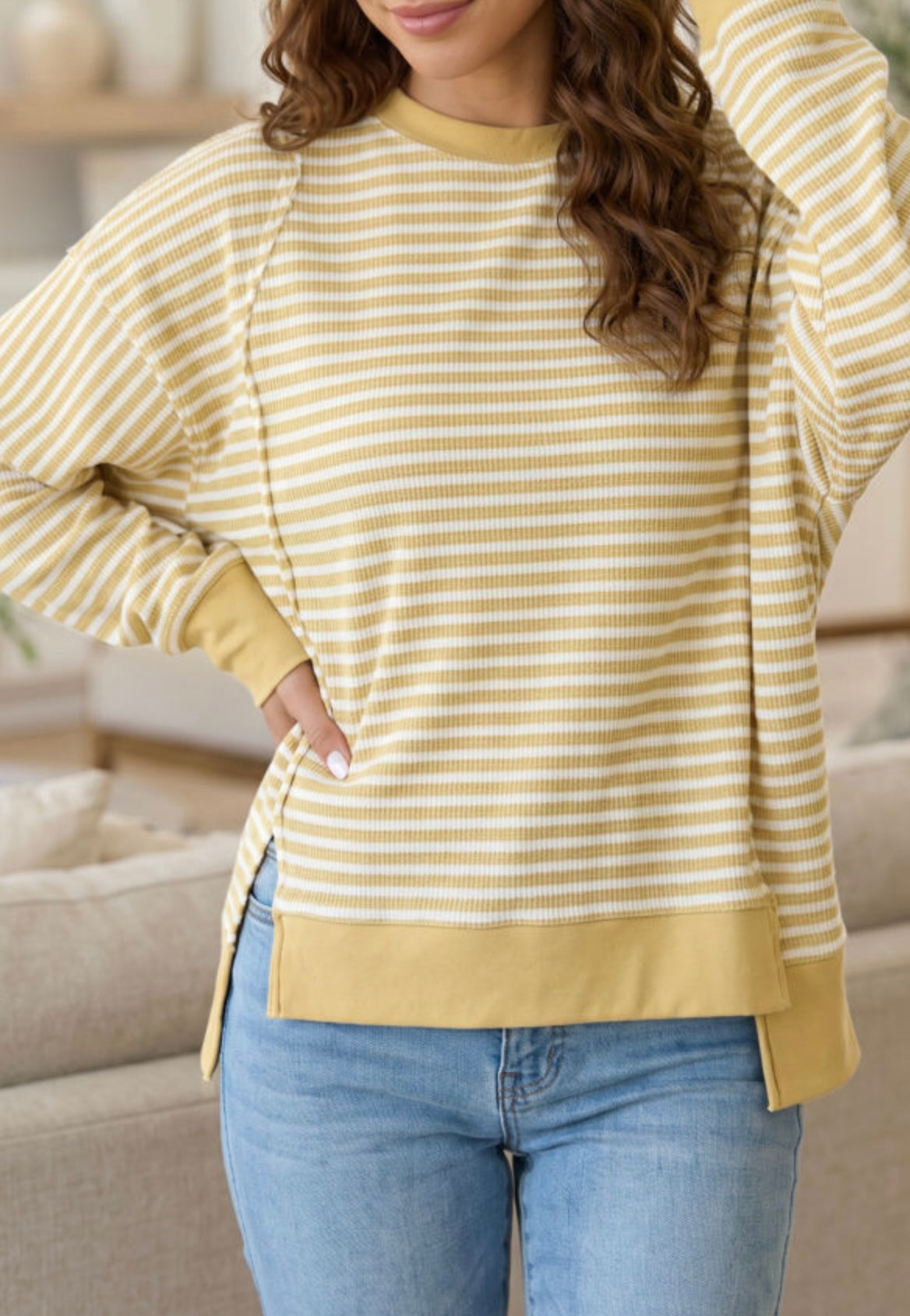 Khaki Stripe Texture Long Sleeve Top