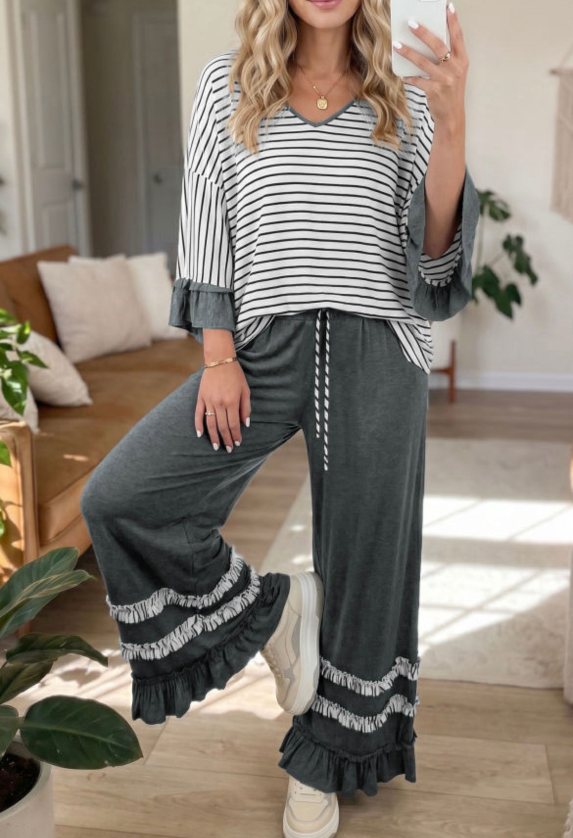Ruffle Stripe Pants Set