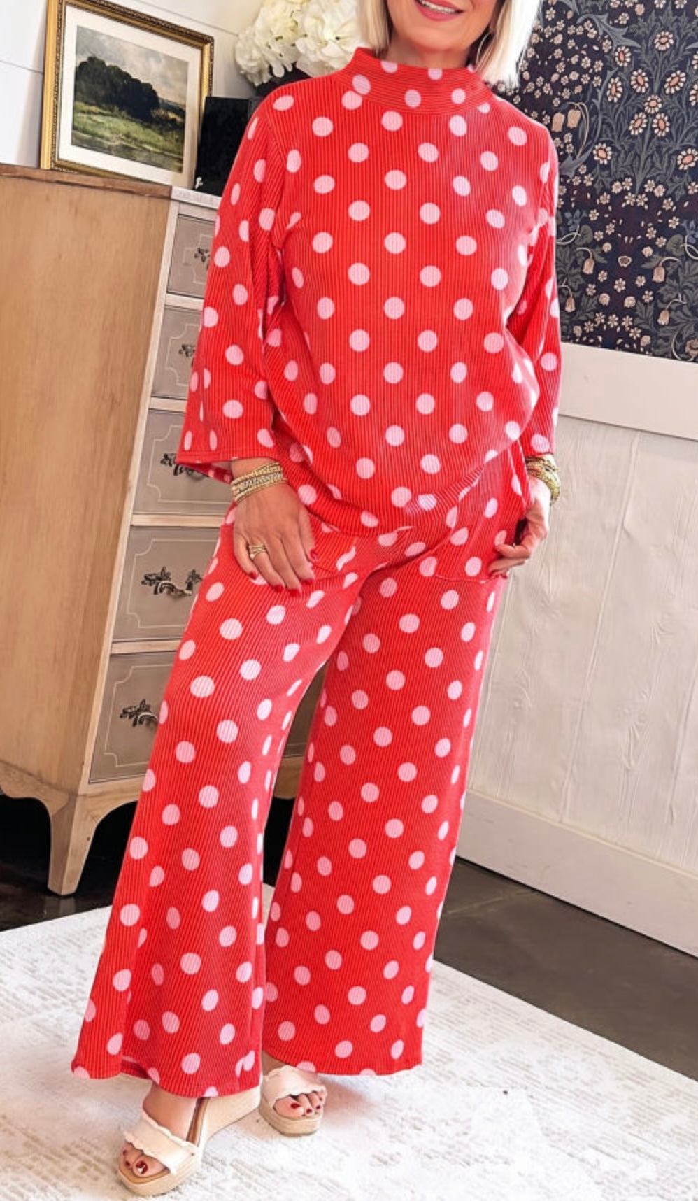 Red Polka Dot Ribbed Knit Mock Neck Pants Set
