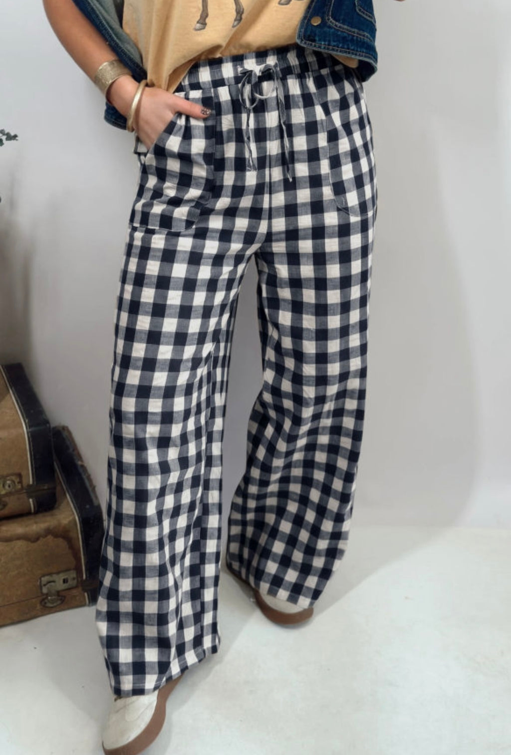 Gingham Plaid Tie Elastic Waist Pants