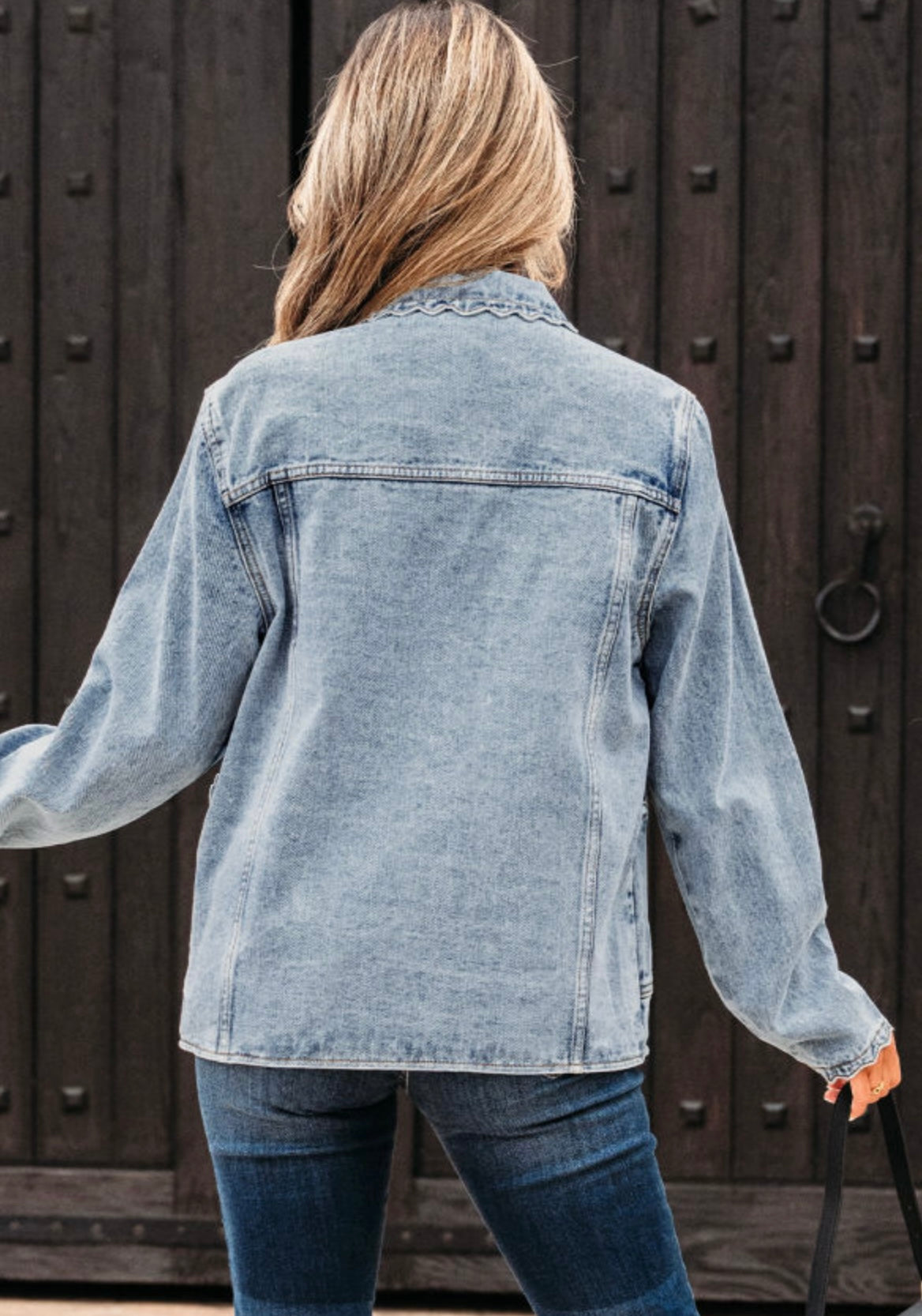 Scallop Trim Collar Mineral Wash Denim Jacket