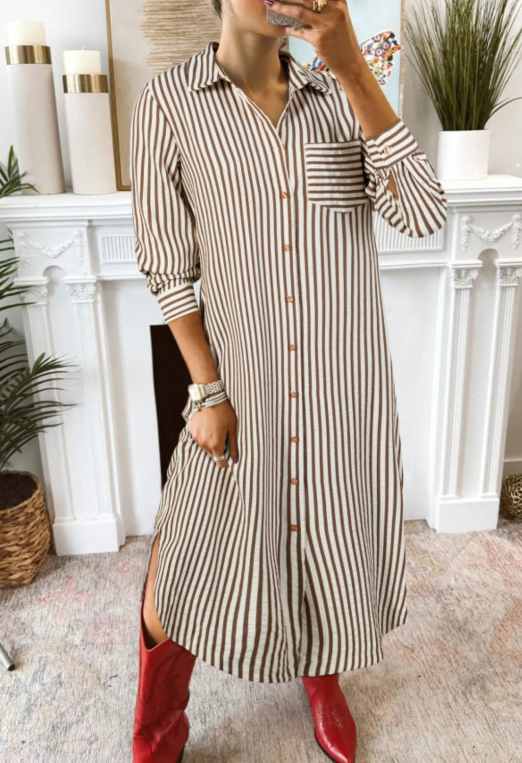 Brown Stripe Textured 3/4 Midi Shirt Dress