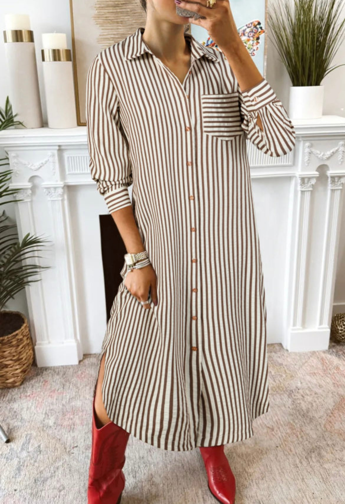 Brown Stripe Textured 3/4 Midi Shirt Dress