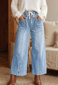 Drawstring Waist Wide Leg Ankle Jeans