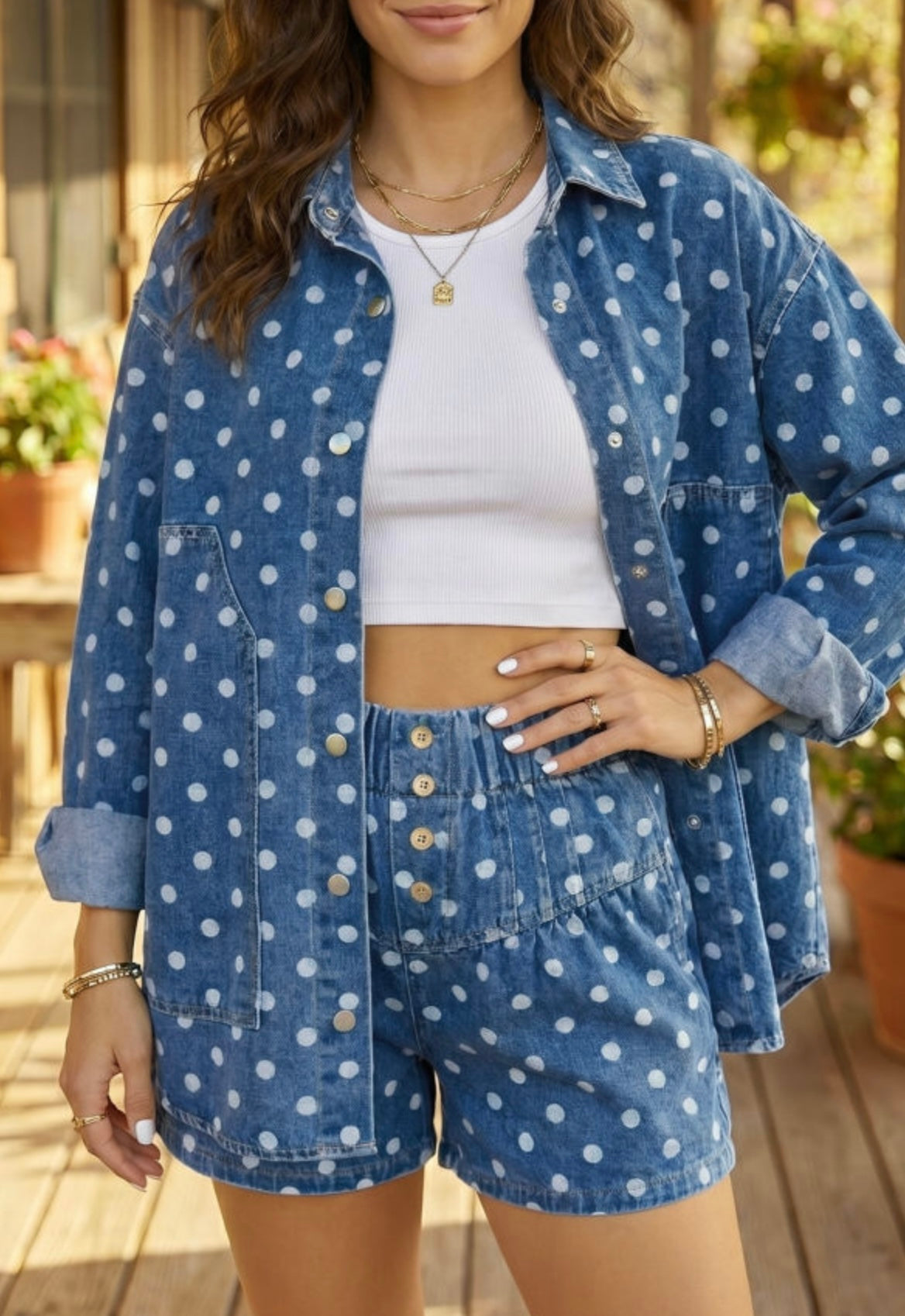 Blue Polka Dot Shift Tunic Denim Jacket