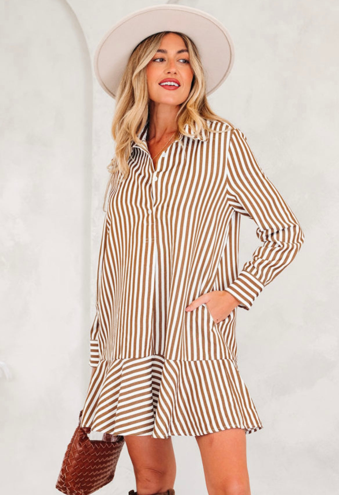 Brown Stripe Ruffled Hem Dress
