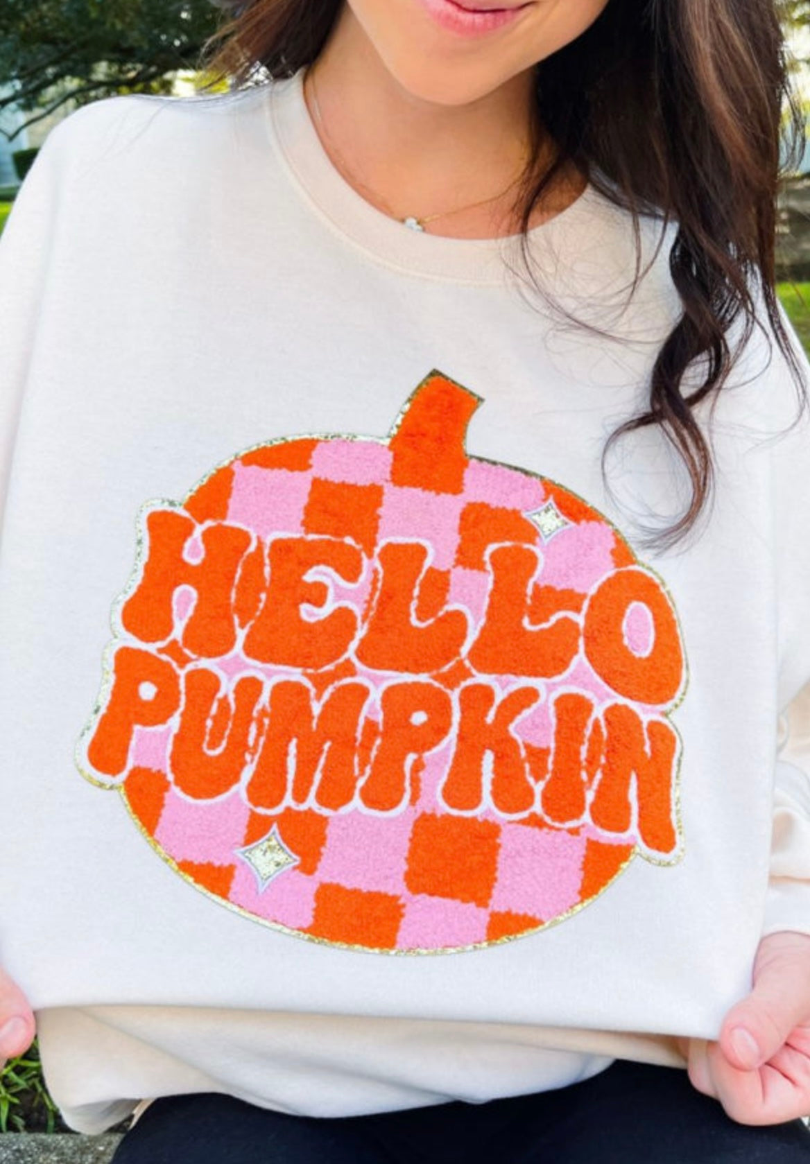 Hello Pumpkin Patched Pullover Sweatshirt