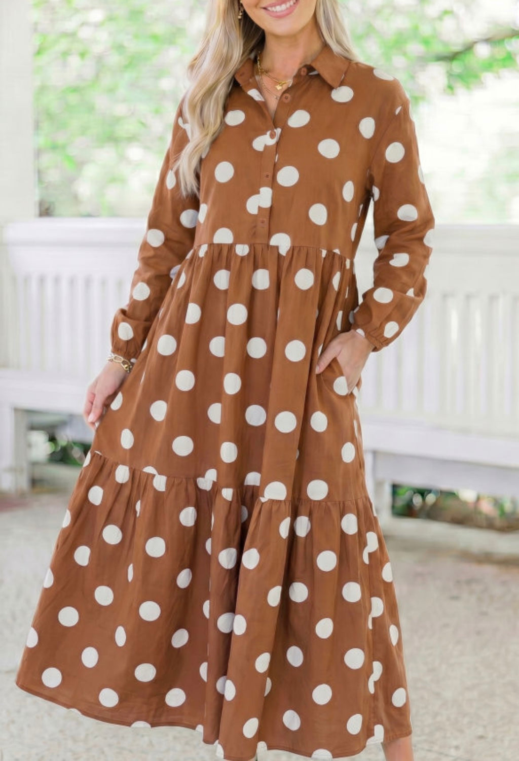 Brown Polka Dot Button Front Dress