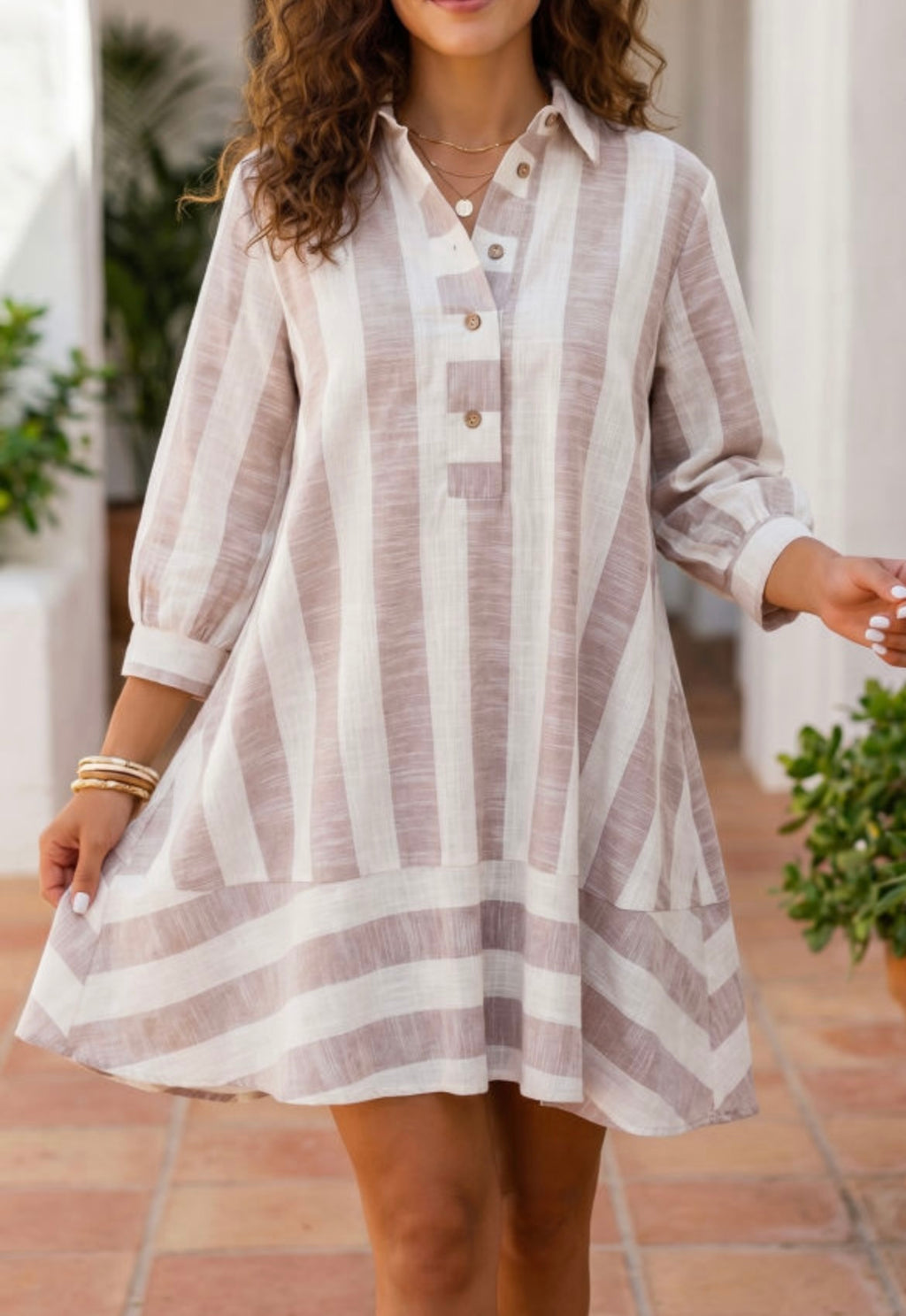 Khaki Stripe Button Up Three Quarter Sleeve Dress