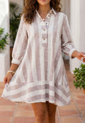 Khaki Stripe Button Up Three Quarter Sleeve Dress