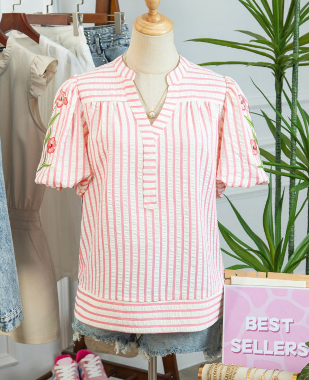 Pink Stripe Embroidered Puff Sleeve Top