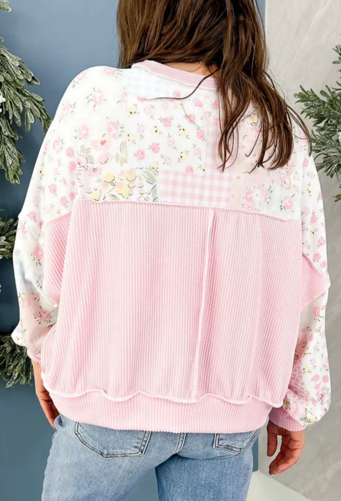 Pink Twisted Ribbed Floral Print Patchwork Long Sleeve Top