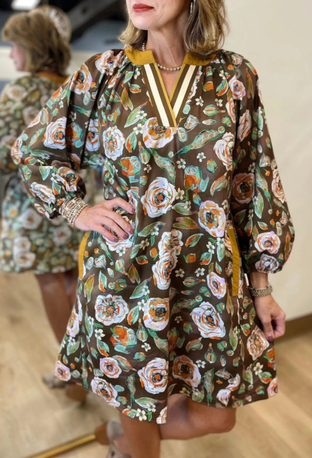 Brown Floral Print Pocketed Dress