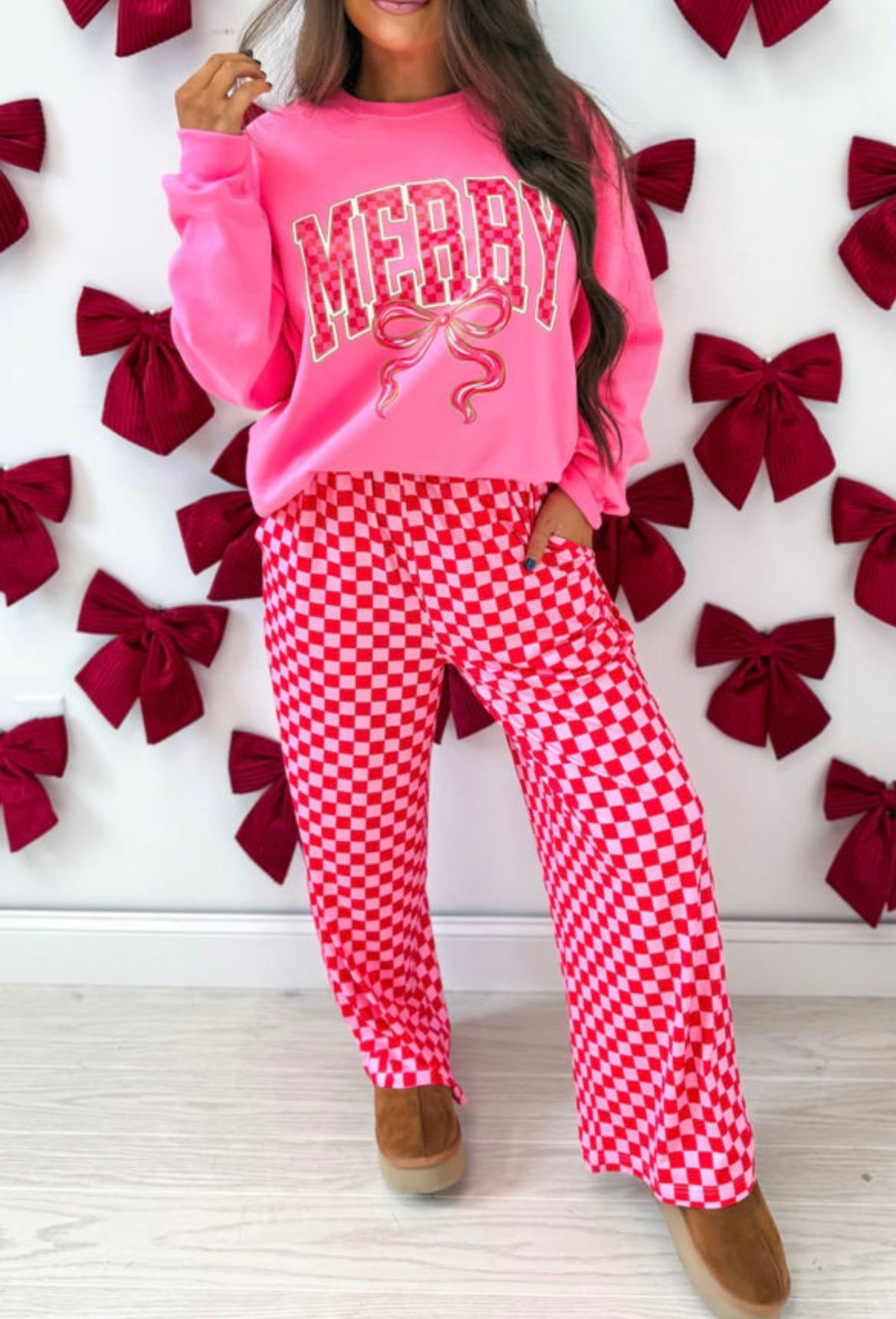 Red Christmas Slogan Graphic Plaid Contrast Two-piece Pant Set