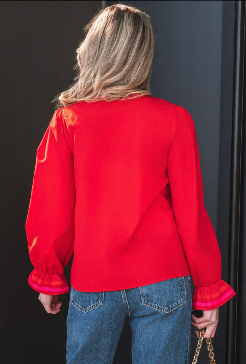 Striped Trim Ruffle Neck Blouse