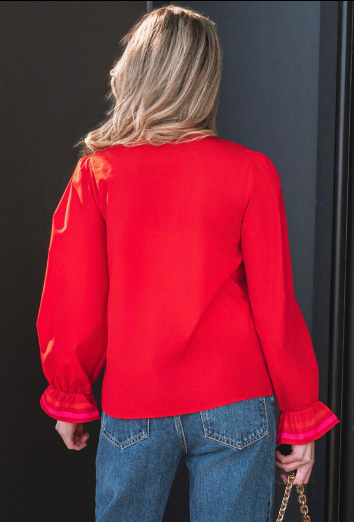Striped Trim Ruffle Neck Blouse