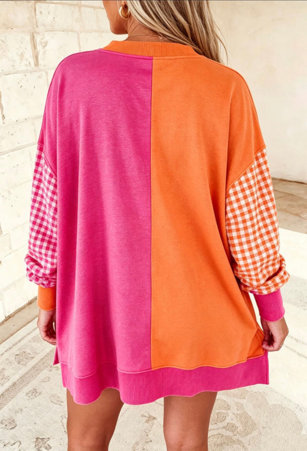 Gingham Sleeve Colorblock Sweatshirt