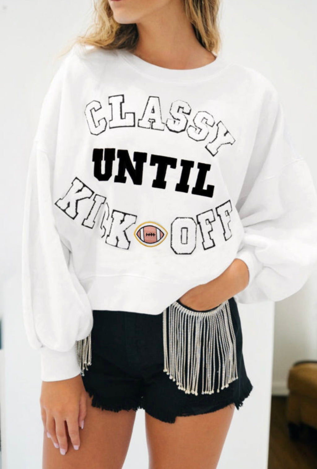 Classy Until Kickoff Plush Letter Patched Sweatshirt