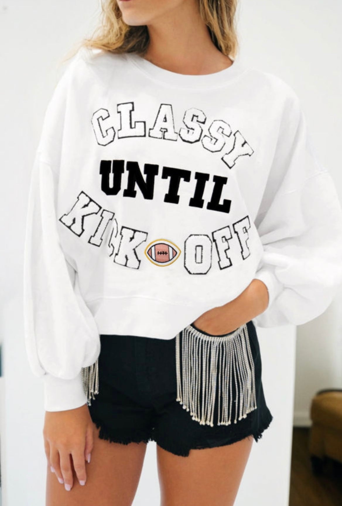 Classy Until Kickoff Plush Letter Patched Sweatshirt