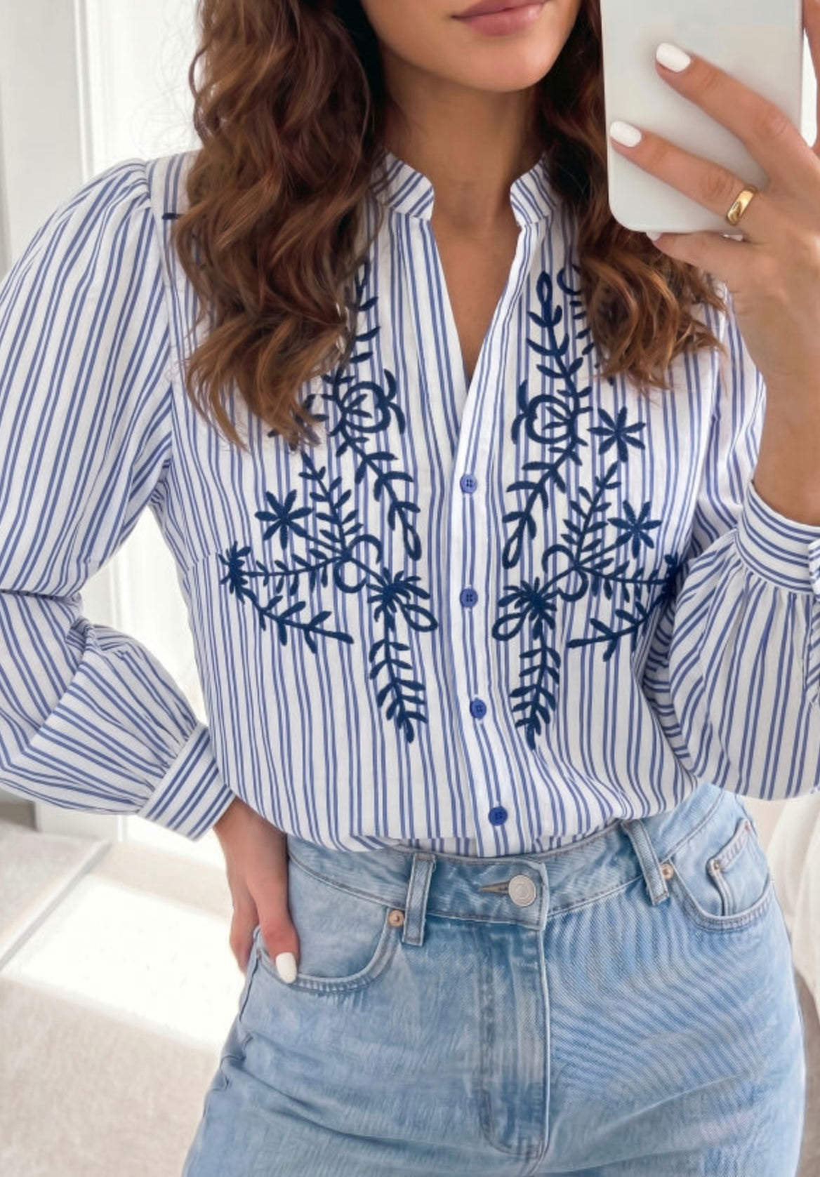 Blue Stripe Embroidered Top