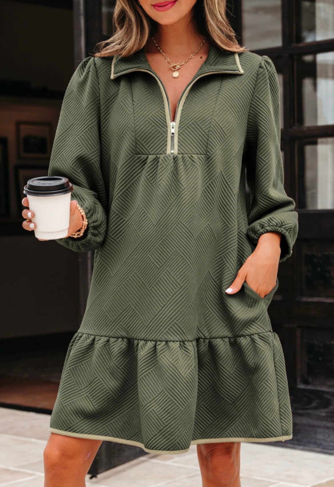 Quarter Zip Textured Dress Desert Gold