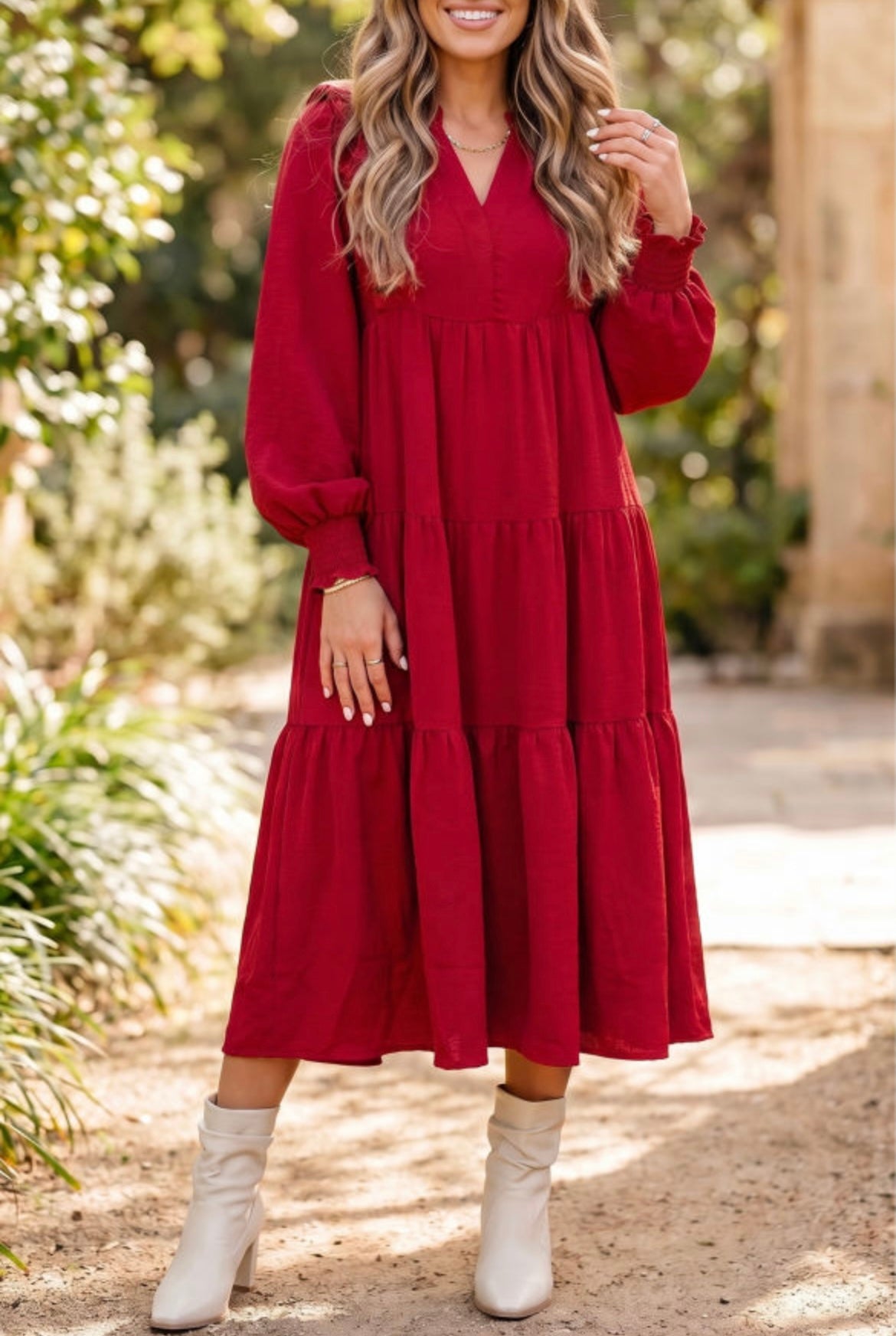 Red Ruffle Sleeve Tiered Dress