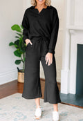 Collared V Neck Wide Leg Pants Set