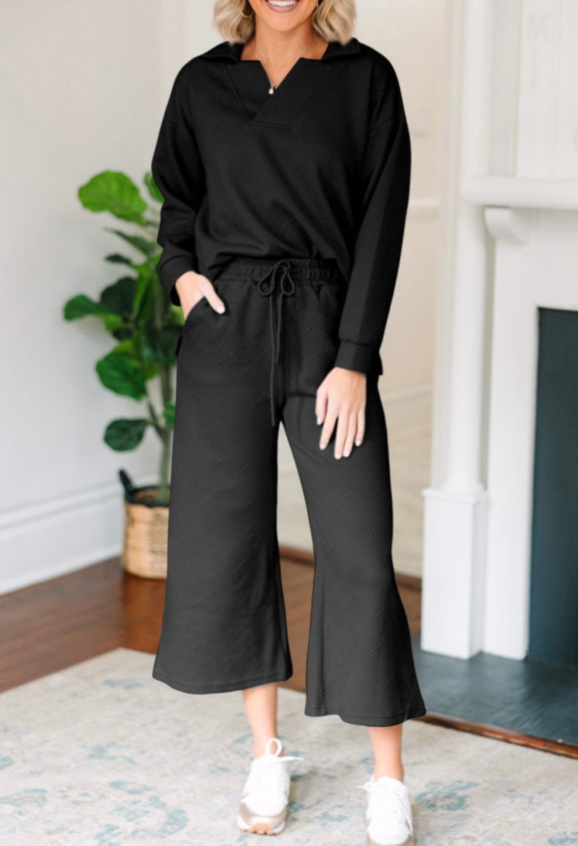 Collared V Neck Wide Leg Pants Set