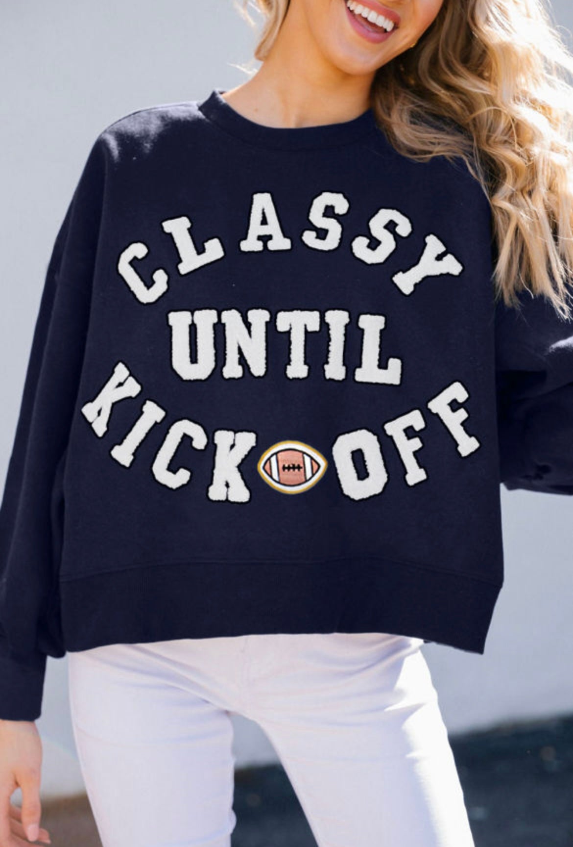 Classy Until Kickoff Plush Letter Patched Sweatshirt