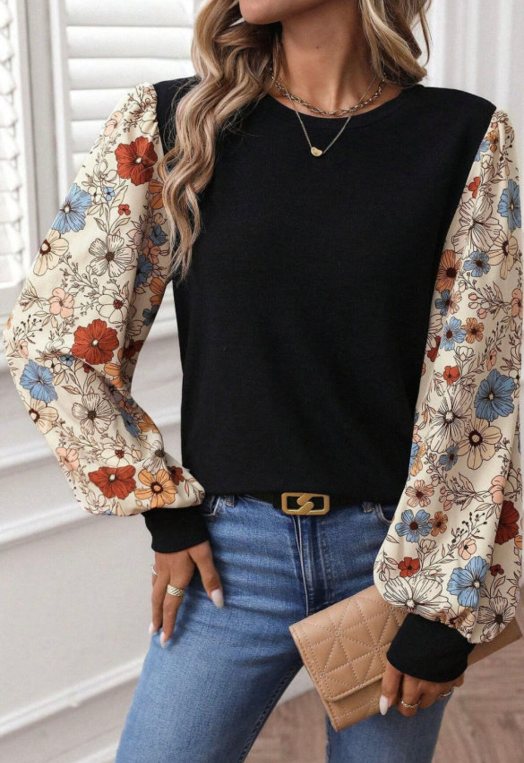 Apricot Flower Puff Sleeve Top