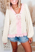 Beige Floral Print Lace Up Blouse