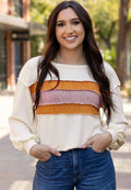 White Corded Exposed Seam Knit Patchwork Top