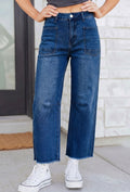 Dark Blue Frayed Barrel Jeans